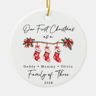 Ornamento De Cerâmica Primeiro Natal Família de Três Personalizado