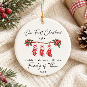 Ornamento De Cerâmica Primeiro Natal Família de Três Personalizado
