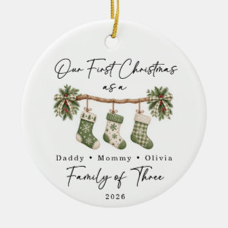 Ornamento De Cerâmica Primeiro Natal Família de Três Personalizado