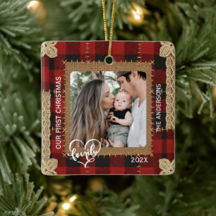Ornamento De Cerâmica Primeiro Natal Família Plaid Tábua de Madeira Rúst