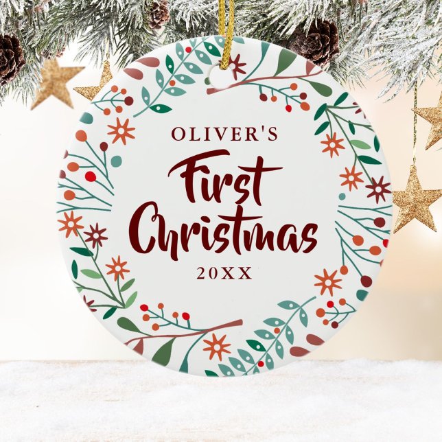 Ornamento De Cerâmica Primeiro Natal Festa Floral Bebê Foto (Criador carregado)