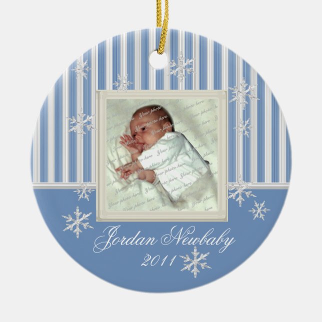 Ornamento De Cerâmica Primeiro Natal - Flocos de Neve Azul (Frente)