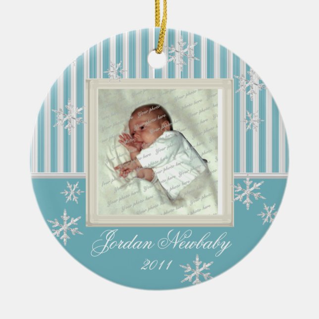 Ornamento De Cerâmica Primeiro Natal Flocos de Neve Azul Claro (Frente)