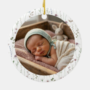 Ornamento De Cerâmica Primeiro Natal Floral em Aquarela da Bebê Foto
