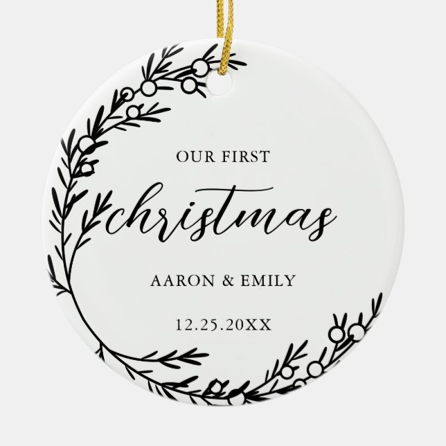 Ornamento De Cerâmica Primeiro Natal, Juniper Wreath Cerâmica (Frente)