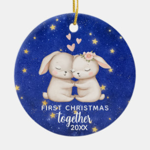 Ornamento De Cerâmica Primeiro Natal Juntos Coelho Casal Personalizado