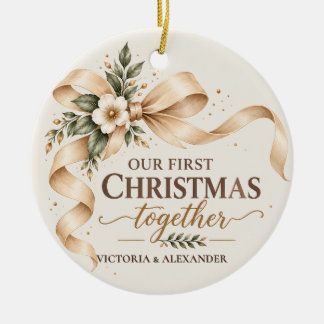 Ornamento De Cerâmica Primeiro Natal Juntos Fita Champanhe Recém-Casados