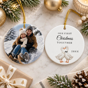 Ornamento De Cerâmica Primeiro Natal Juntos Foto Casal de Ganso