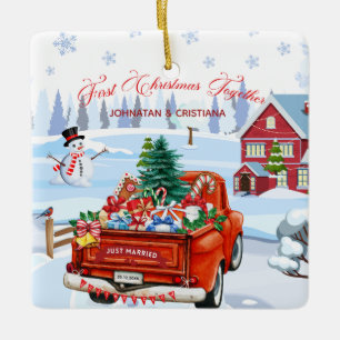 Ornamento De Cerâmica Primeiro Natal Juntos Recém-Casados Caminhão Antig