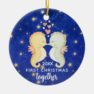 Ornamento De Cerâmica Primeiro Natal Juntos Seahorse Casal Personalizado