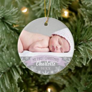 Ornamento De Cerâmica Primeiro Natal Lavanda Roxo Menina Foto Bebê