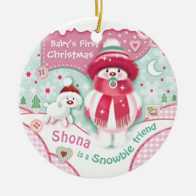 Ornamento De Cerâmica Primeiro Natal, Menina, Bonita Snowbie (Frente)