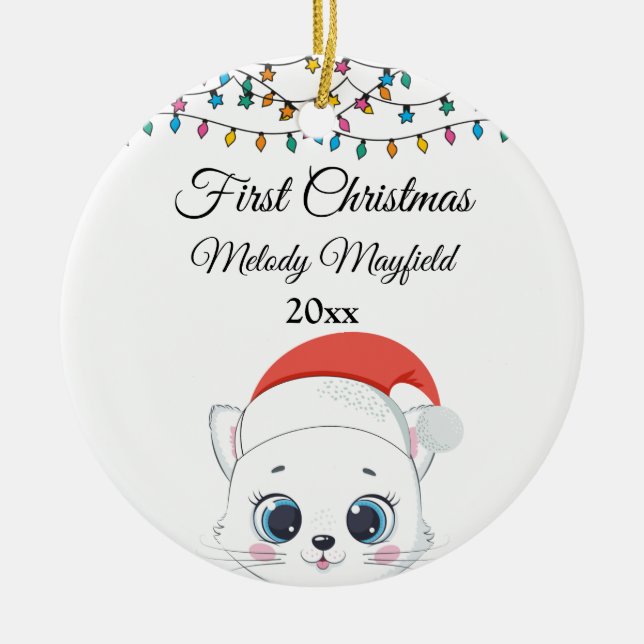 Ornamento De Cerâmica Primeiro Natal, Menino Menino Gato Bonito 2023 (Frente)