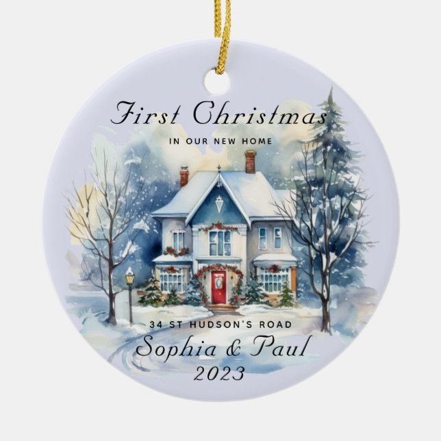 Ornamento De Cerâmica Primeiro Natal Mínimo Em Nossa Nova Aquarela (Frente)