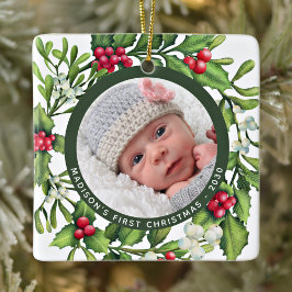 Ornamento De Cerâmica Primeiro Natal Mistletoe Wreath Personalizada Foto