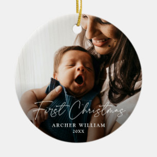 Ornamento De Cerâmica Primeiro Natal Moderno Foto de Bebê Manuscrita