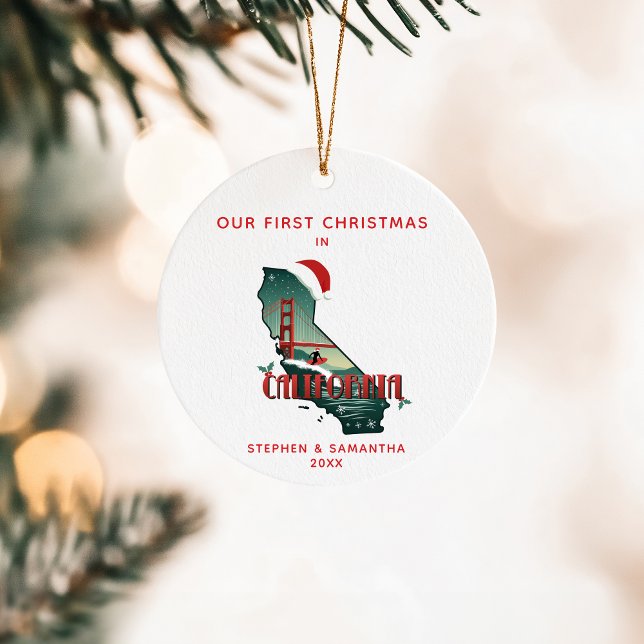 Ornamento De Cerâmica Primeiro Natal Na Califórnia Texto Personalizado (Edit details to personalize.  Coordinating gifts & partyware in the collection)