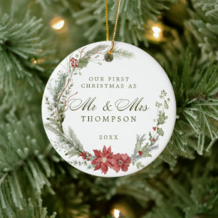 Ornamento De Cerâmica Primeiro Natal - Newlyweds Clássico Wreath