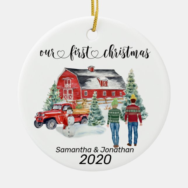 Ornamento De Cerâmica Primeiro Natal - Newlyweds Country Barn Winter (Frente)