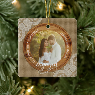 Ornamento De Cerâmica Primeiro Natal noivo com juta rústica e renda
