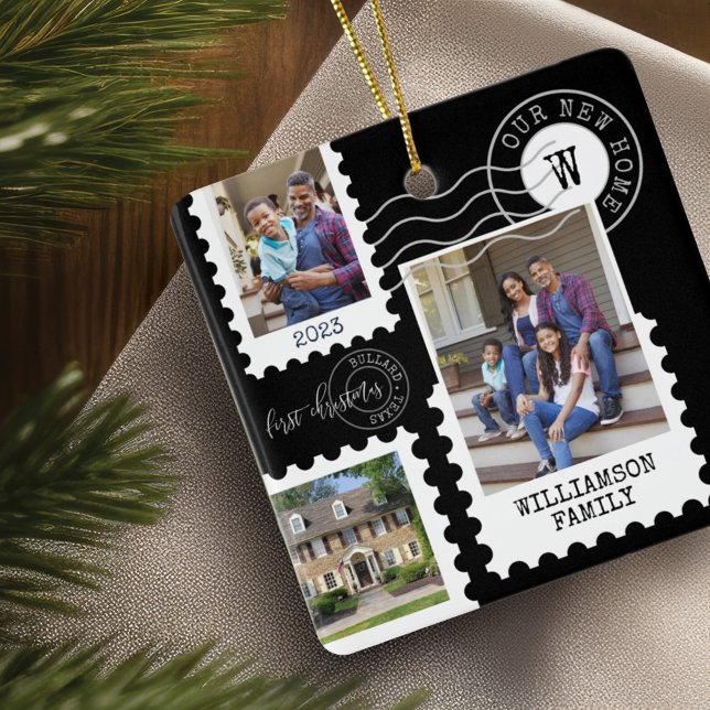 Ornamento De Cerâmica Primeiro Natal - Novo Cartaz do Cartaz do Novo Fun (First Christmas New Home Fun Postage Stamp Photos Ceramic Ornament)