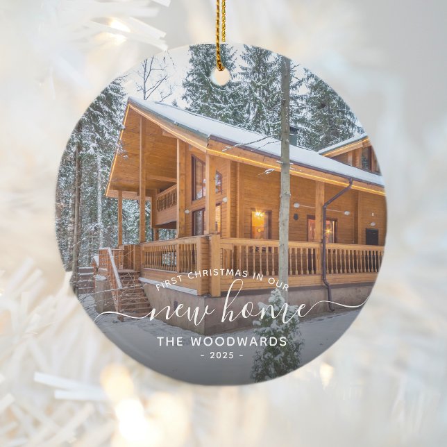 Ornamento De Cerâmica Primeiro Natal Novo Script Branco de Fotografias P (Criador carregado)