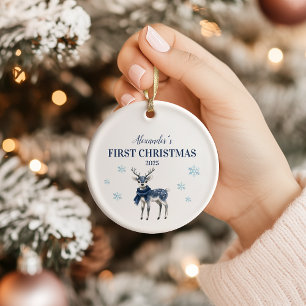 Ornamento De Cerâmica Primeiro Natal para o Bebê de Reinador Azul Person