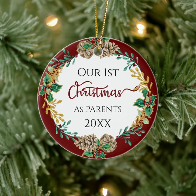 Ornamento De Cerâmica Primeiro Natal - Parentes Holly Pine Cone - Foto F (Árvore)