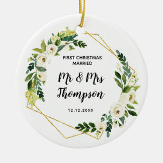 Ornamento De Cerâmica Primeiro Natal Personalizado Casado como Sr. & Sra
