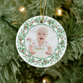 Ornamento De Cerâmica Primeiro Natal Personalizado com Foto Verde