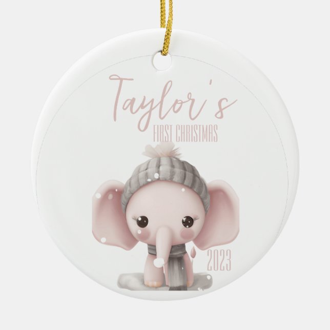 Ornamento De Cerâmica Primeiro Natal Personalizado de Elefante para Bebê (Frente)