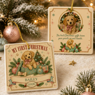 Ornamento De Cerâmica Primeiro Natal Personalizado do Pet 2026 Retro