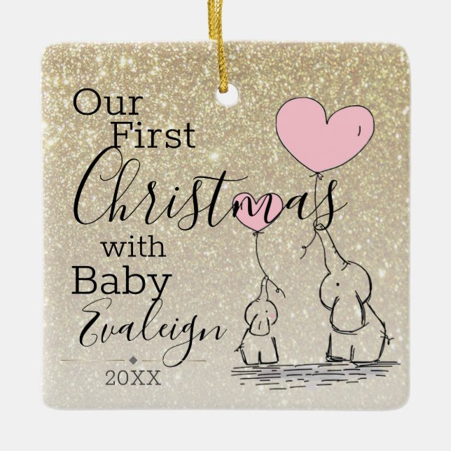 Ornamento De Cerâmica Primeiro Natal Personalizado Glitter Baby Elephant (Frente)