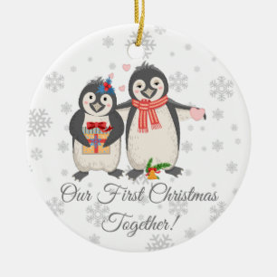 Ornamento De Cerâmica Primeiro Natal Personalizado Juntos Pinguins