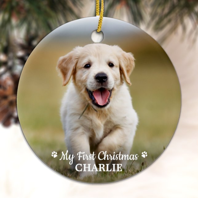 Ornamento De Cerâmica Primeiro Natal personalizado Pet Puppy Photo Dog (Criador carregado)