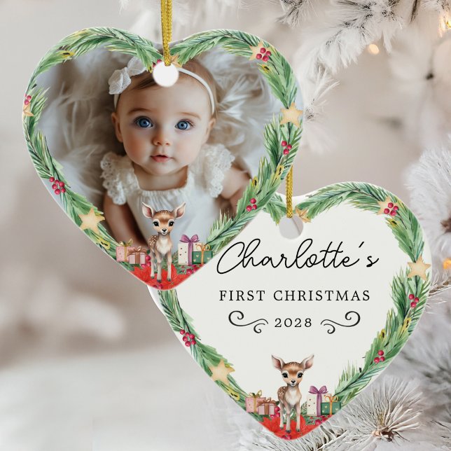 Ornamento De Cerâmica Primeiro Natal-Photo-Heart-Reindeer do Bebê (Baby's First Christmas–Photo-Heart-Reindeer Ceramic Ornament)