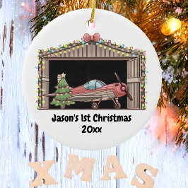 Ornamento De Cerâmica Primeiro Natal - Piloto de Hangar de Árvore do Avi