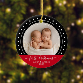 Ornamento De Cerâmica Primeiro Natal Pontos Pretos e Vermelhos