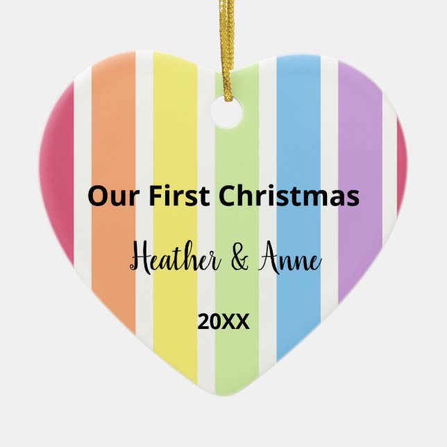 Ornamento De Cerâmica Primeiro Natal Rainbow White Strips Pastel (Frente)