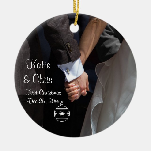 Ornamento De Cerâmica Primeiro Natal Romântico e Elegante (Frente)