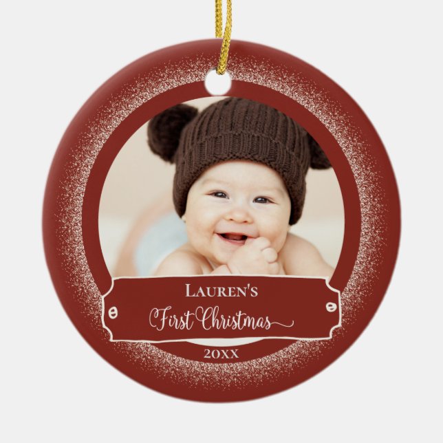 Ornamento De Cerâmica Primeiro Natal - Rustic Red Cute Baby Photo (Frente)