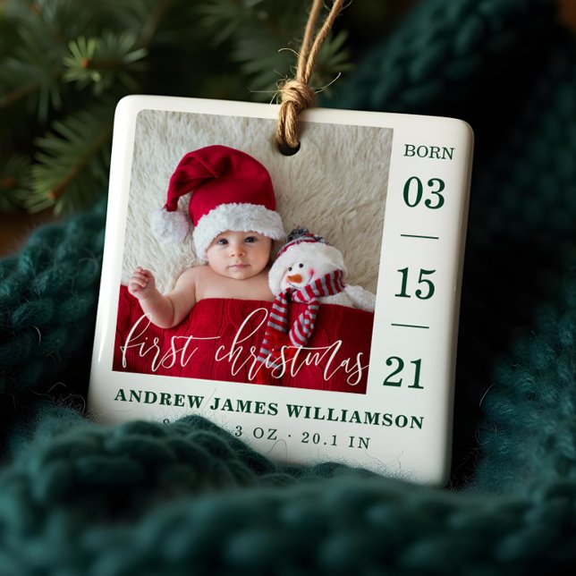 Ornamento De Cerâmica Primeiro Natal Script Estatísticas de Nascimento d (First Christmas Script Baby Birth Stats & Photo Ceramic Ornament)