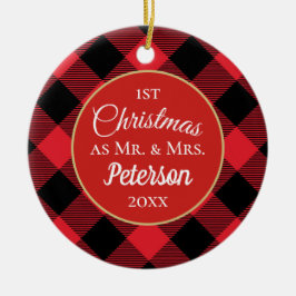 Ornamento De Cerâmica Primeiro Natal Sr. e Sra. Buffalo Xadrez