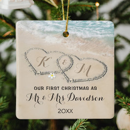 Ornamento De Cerâmica Primeiro Natal Sr. e Sra. Corações Tropicais