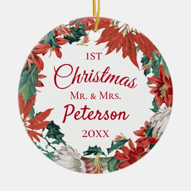 Ornamento De Cerâmica Primeiro Natal Sr. e Sra. Flower Wreath (Frente)