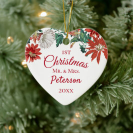 Ornamento De Cerâmica Primeiro Natal Sr. e Sra. Flower Wreath