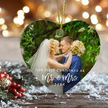 Ornamento De Cerâmica Primeiro Natal Sr. Script de Pincel da & Sra. Foto<br><div class="desc">Escova Moderna Escreve o Nosso Primeiro Natal como Sr. Ornamento de Fotografias da & Sra. Wedding - Fotografias da Frente e Trás</div>