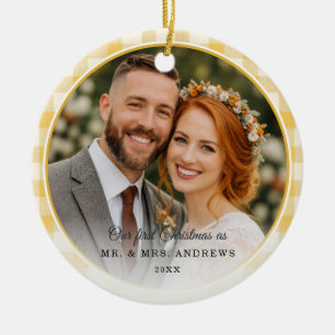 Ornamento De Cerâmica Primeiro Natal-Sr. & Sra. 2 Foto Xadrez Amarelo