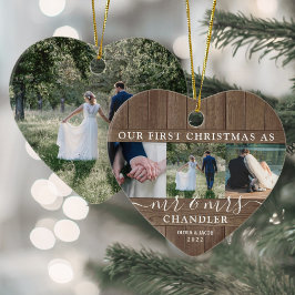 Ornamento De Cerâmica Primeiro Natal Sr. & Sra. 4 Foto Rustic Faux Wood 