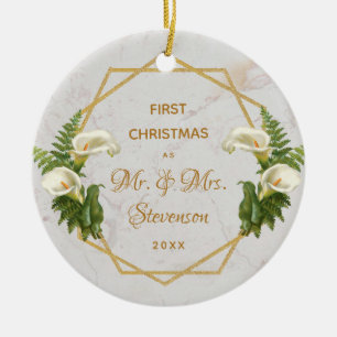 Ornamento De Cerâmica Primeiro Natal Sr. & Sra. Dourada Marble Calla Lí